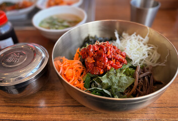 korean-style raw beef, Yukhoe bibimbap, beef, vegetables, rice, close-up
