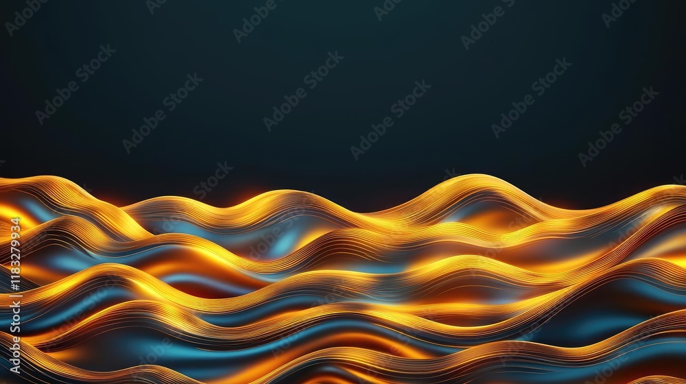 Poster Gold abstract background concept. Dynamic abstract waves with glowing light effects in a dark background.