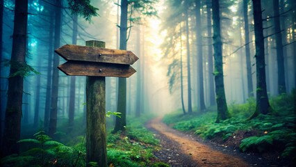 Mysterious Forest Path: A Weathered Signpost Points the Way