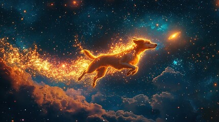 Fototapeta premium Fiery dog leaping through cosmos.