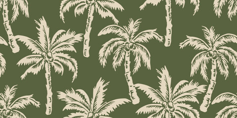 Tropical pattern with hand drawn palm trees. Hawaiian summer background for fabric, textiles, clothing, poster, cover, decoration, banner, wallpaper, interior decor. Vector illustration. © Udomdech