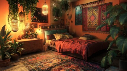 Serene Bohemian Bedroom: A Sanctuary of Warmth and Tranquility