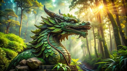Fototapeta premium Mystical Dragon Stone Statue Double Exposure: Nature Meets Ancient Power