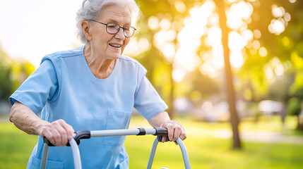 Elderly caucasian woman in blue t-shirt using walker in sunlit park
