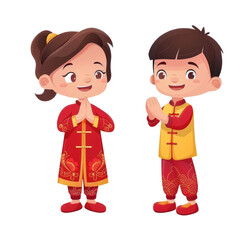Two children in traditional Chinese clothing bowing and clapping, celebrating Chinese New Year.