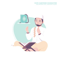 muslim reading quran cute cartoon character