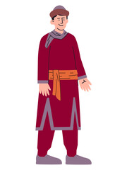 Kazakh man wearing Kazakhstan traditional attire heritage clothes culture tradition dress skullcap hat headdress expressive character colorful design