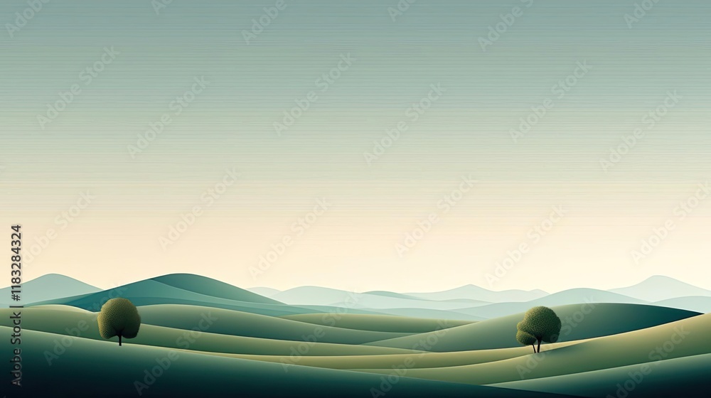 Aufkleber Scenery abstract background idea. A serene landscape with rolling hills and minimalistic trees under a soft, tranquil sky.