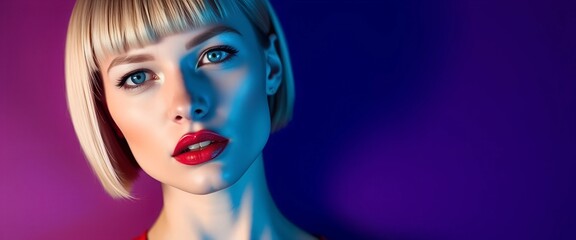 Naklejka premium Striking Portrait of a Young Woman with Trendy Hair and Dynamic Lighting