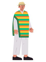 Mexican man wearing Mexico traditional robe Poncho tradition attire cultural heritage pattern colorful character expressive smiling face design icon set