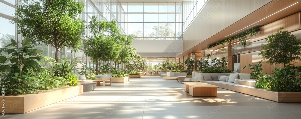 Poster Visualize a modern office space powered by advanced cloud services, surrounded by green energy sources and smart backup solutions