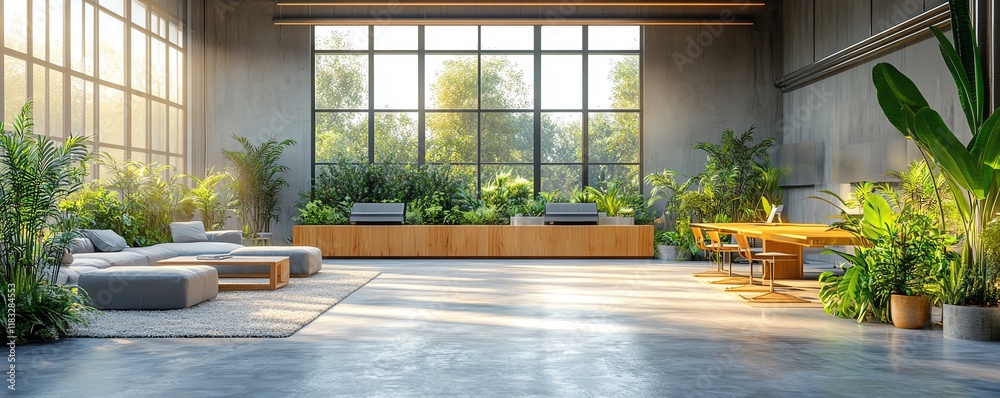 Poster Visualize a modern office space powered by advanced cloud services, surrounded by green energy sources and smart backup solutions