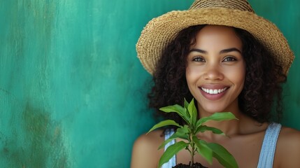 Arbor Day, Smiling Female Farmer Holding Sapling with Green Background