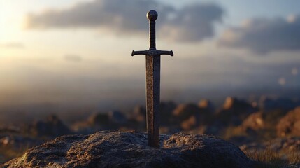 Medieval sword stuck on the mountain