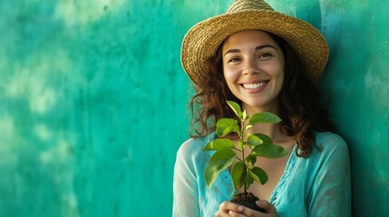 Arbor Day, Smiling Female Farmer Holding Sapling with Green Background