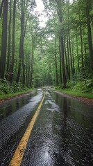 Obraz premium Yellow Line Road Through Forest Scenic Morning Adventure Green Photo