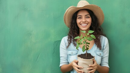 나무 모종을 들고 웃고 있는 흑인 여자 농부, 여자, 초록색 배경