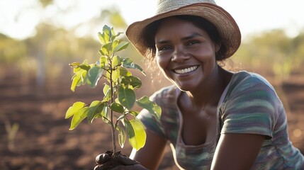 나무 모종을 들고 웃고 있는 흑인 여자 농부, 여자, 밭 배경
