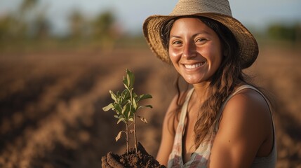 나무 모종을 들고 웃고 있는 여자 농부, 여자, 밭 배경