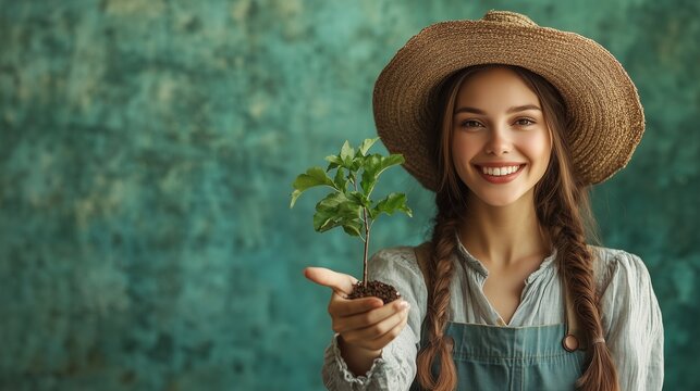 Arbor Day, Smiling Female Farmer Holding Sapling with Green Background - Powered by Adobe