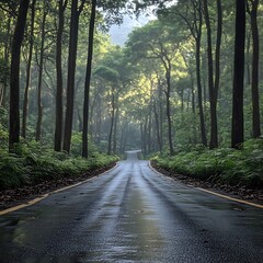 Fototapeta premium Enchanted Forest Road Morning Drive Wet Asphalt Vivid Nature Photo