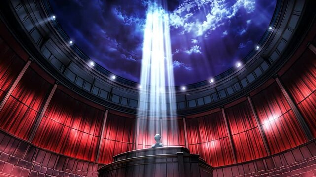 A mesmerizing interior view of a theater with dramatic lighting and rich red curtains.