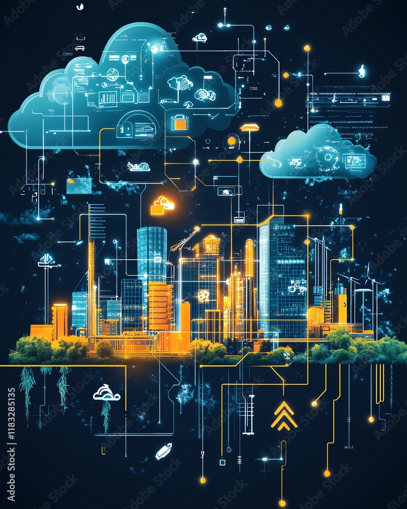 Poster Create an advanced networking hub featuring ecoconscious data transmission, renewable energy solutions, and seamless cloudbased operations
