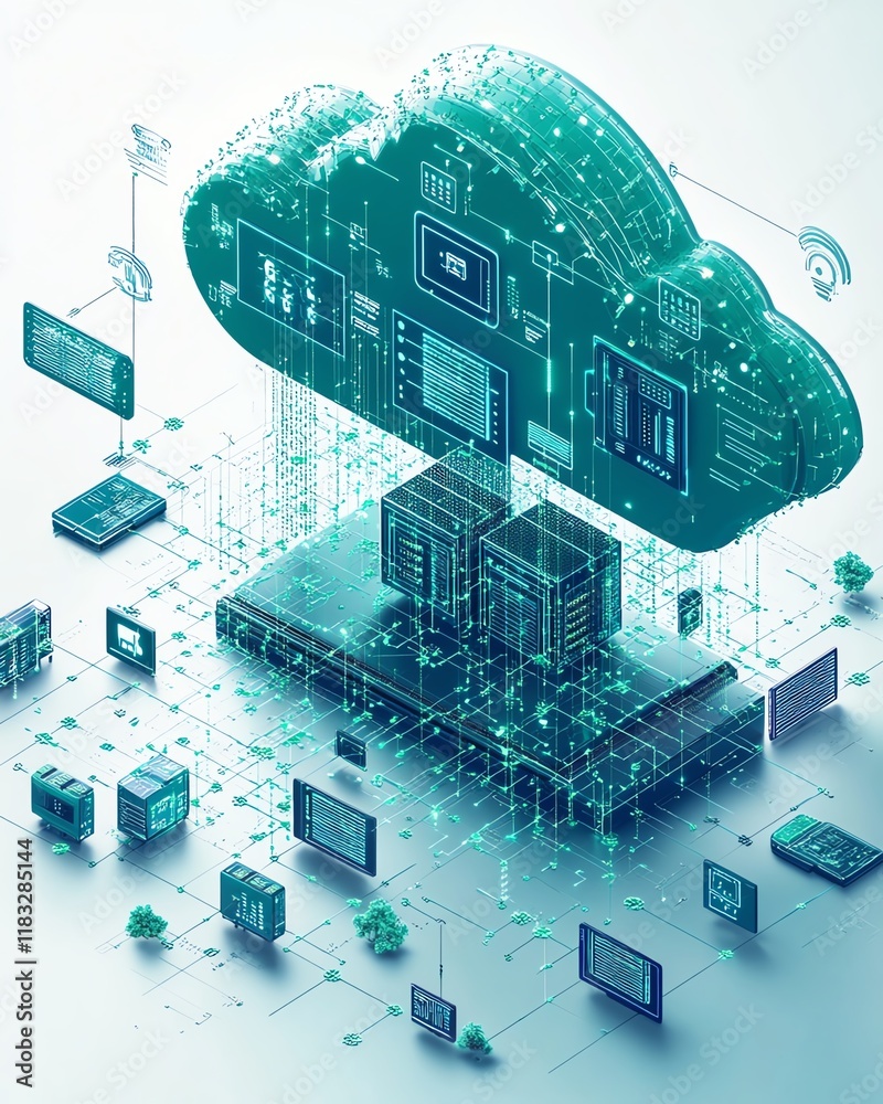 Poster Create an advanced networking hub featuring ecoconscious data transmission, renewable energy solutions, and seamless cloudbased operations