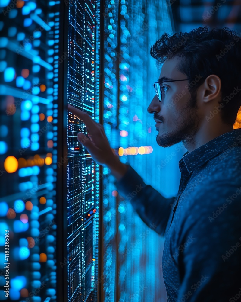 Poster Create an advanced networking hub featuring ecoconscious data transmission, renewable energy solutions, and seamless cloudbased operations