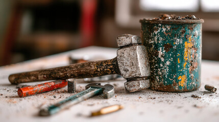 Close up of hammer, wrench, and screwdriver beside paint can. Tools scattered, showcasing workshop environment