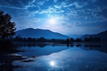 Romantic lake view lake at night nature moon.