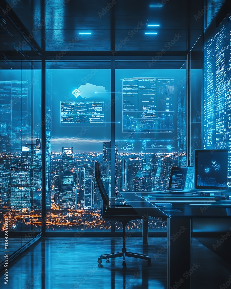 Poster generate a futuristic office environment leveraging smart cloud systems, renewable resource conserva