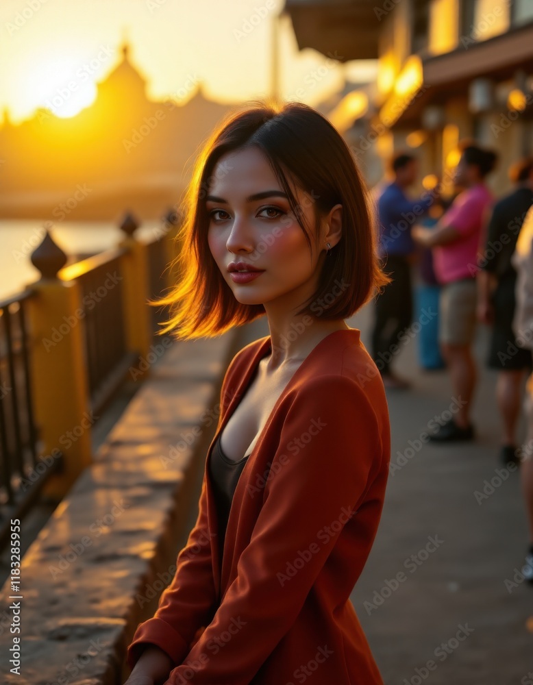 Poster A woman in a red blazer standing on a pier at sunset