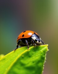 Fototapeta premium A ladybug sitting on top of a green leaf