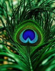 Obraz premium A close up of a peacock feather on a tree branch