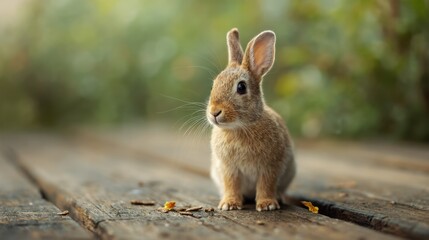 Fototapeta premium A small brown rabbit sitting on top of a wooden table