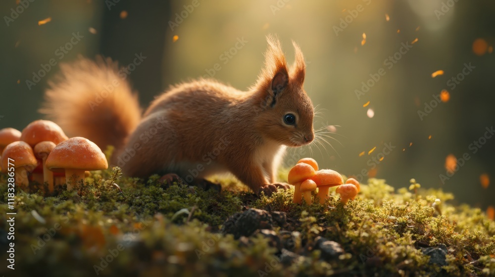 Sticker A squirrel sitting on top of a moss covered ground next to mushrooms