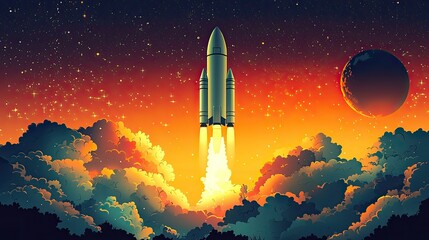 Obraz premium Rocket Launching Through Clouds Towards Distant Planet