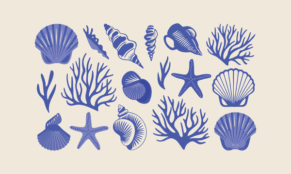 Sea life seamless pattern with shell and starfish of illustration, Sea shells vector seamless pattern, Set of sea and ocean underwater animals., easily editable.