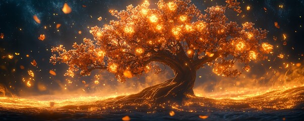A braintree hybrid with glowing flowers, symbolizing a creative mind and emotional wellness, intricate roots and branches, ethereal lighting, hyperdetailed, fantasy realism