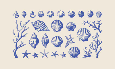 Sea life seamless pattern with shell and starfish of illustration, Sea shells vector seamless pattern, Set of sea and ocean underwater animals., easily editable.