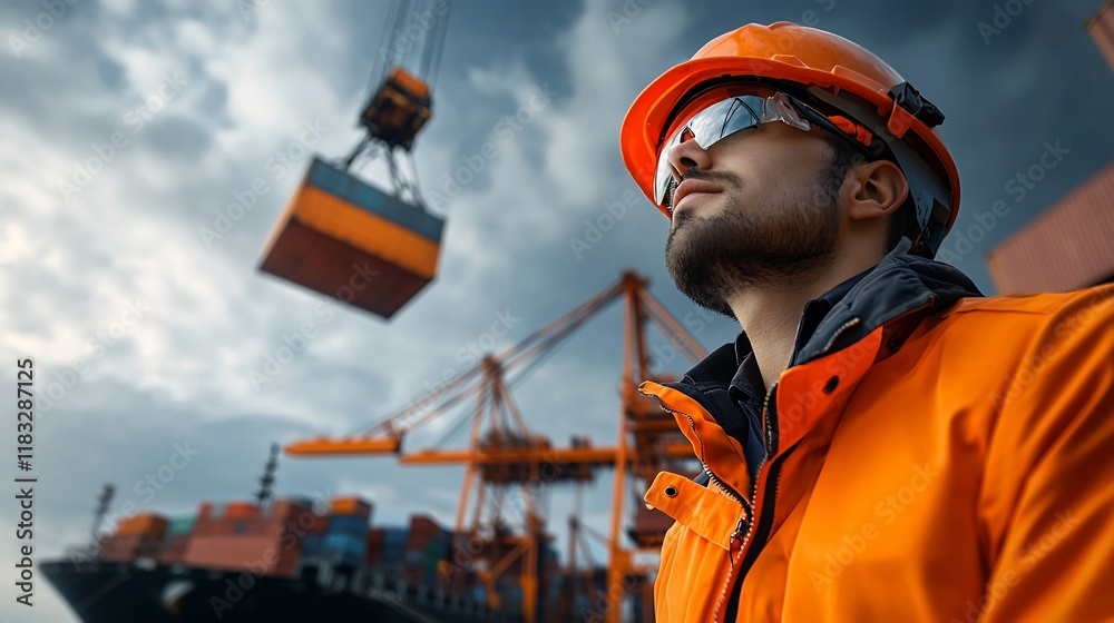 Poster offshore crane operators meticulously loading and unloading cargo from ships at a bustling port faci