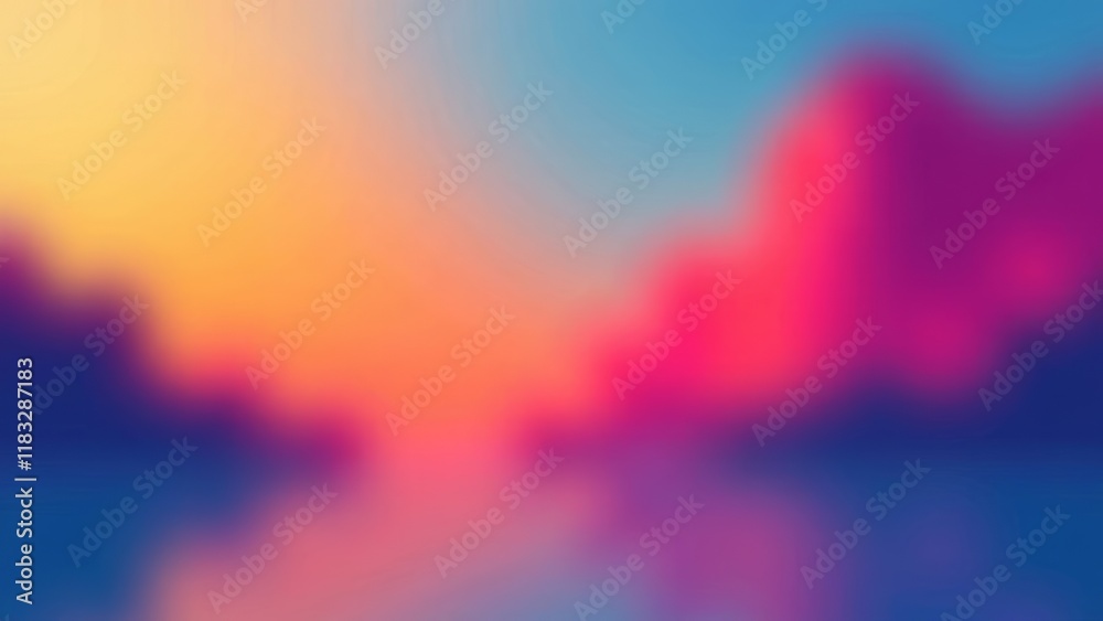 Poster a blurry image of a mountain range with a blue sky in the background