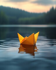 A closeup of a yellow paper boat on calm, reflective water, soft light playing on the surface, serene and tranquil scene, hyperdetailed, 8K