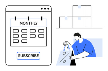 Monthly calendar with a subscribe button, three stacked boxes, person handing over a shopping bag. Ideal for subscription services, delivery, e-commerce, online shopping, logistics, monthly plans