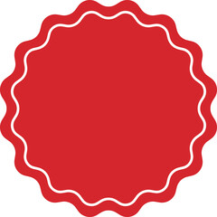Blank red round starburst label with wavy edges and white borders. Flat design illustration.	
