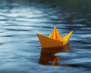 A single yellow paper boat gliding across smooth water, soft ripples forming, peaceful natural scene, photorealistic, HDR, 8K quality