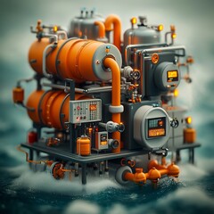 Fototapeta premium Futuristic Offshore Desalination Plant with Intricate Piping Network Towering Steel Superstructure and Remote Controlled Robotic Maintenance System