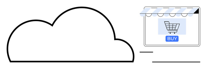 Cloud icon connected to an online storefront with a shopping cart and buy button. Ideal for cloud services, online shopping, e-commerce, digital transformation, internet retail, technology