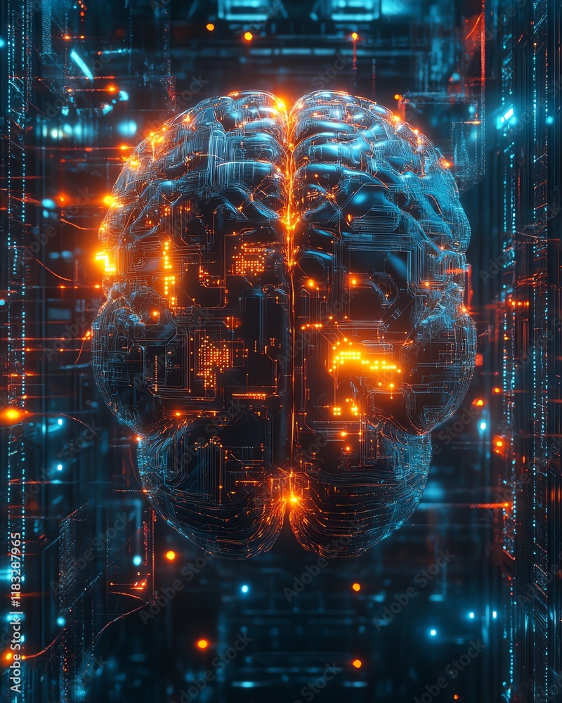 Aufkleber Artificial intelligence brain surrounded by glowing data streams and holographic interfaces, futuristic scifi design, ultrarealistic, high resolution, cinematic detail